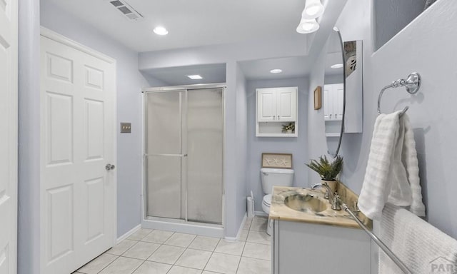 4321 Goodnight Ave, Pueblo, CO 81005 - full bathroom with a shower stall, tile patterned flooring, visible vents, toilet, and vanity