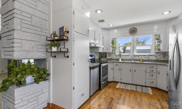 4321 Goodnight Ave, Pueblo, CO 81005 - kitchen featuring under cabinet range hood, visible vents, a sink, decorative backsplash, and appliances with stainless steel finishes