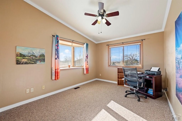 office with crown molding, carpet, vaulted ceiling, and baseboards