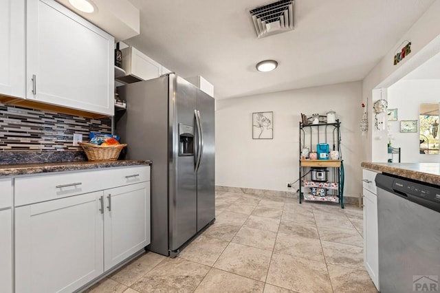 40 Macalester Rd, Pueblo, CO 81001 - kitchen featuring appliances with stainless steel finishes, tasteful backsplash, white cabinets, and baseboards