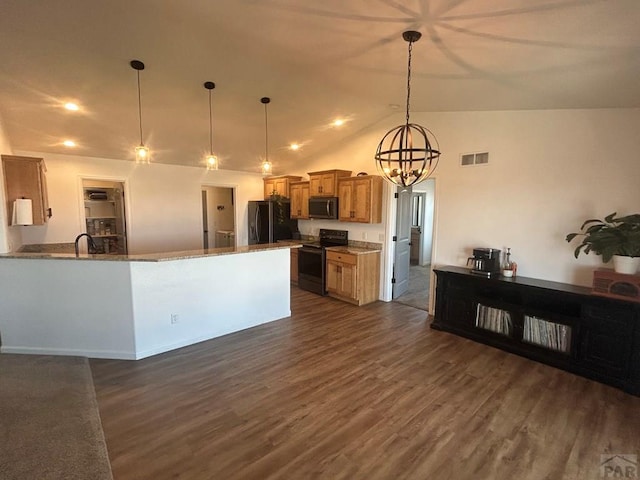 kitchen featuring visible vents, brown cabinets, black appliances, dark wood-style floors, and a chandelier