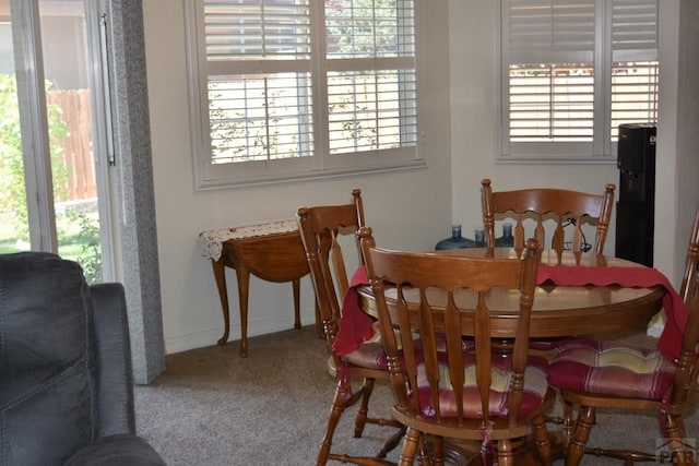 carpeted dining room with baseboards and a wealth of natural light