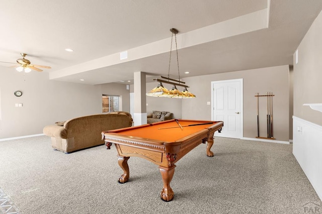 recreation room featuring recessed lighting, carpet flooring, and baseboards