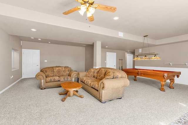 rec room featuring recessed lighting, billiards, carpet flooring, baseboards, and a ceiling fan