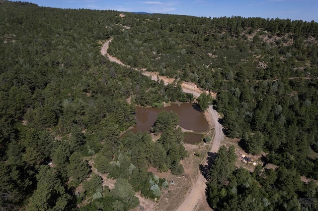 birds eye view of property with a water view and a view of trees