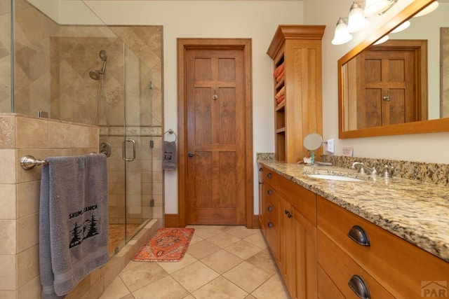 bathroom featuring a stall shower, vanity, and tile patterned floors