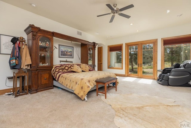 bedroom with access to exterior, french doors, recessed lighting, light colored carpet, and visible vents