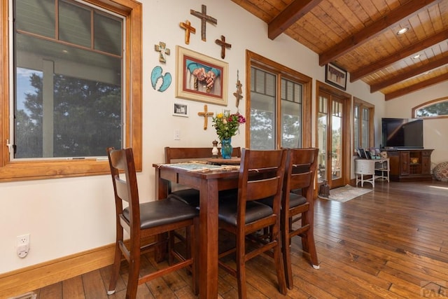 dining area featuring vaulted ceiling with beams, hardwood / wood-style floors, wood ceiling, and baseboards