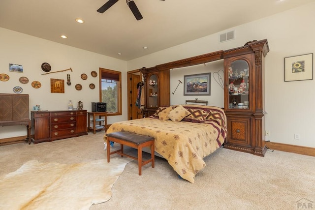 bedroom with visible vents, baseboards, light colored carpet, ceiling fan, and recessed lighting