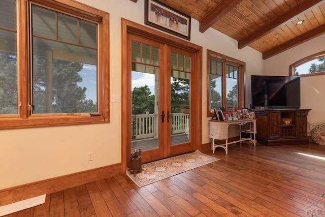 entryway featuring french doors, wood-type flooring, lofted ceiling with beams, wood ceiling, and baseboards