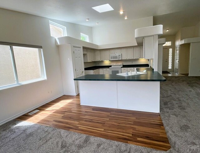 165 Kingsley Ave Unit M, Pueblo, CO 81005 - kitchen with a skylight, dark countertops, white appliances, a peninsula, and carpet flooring