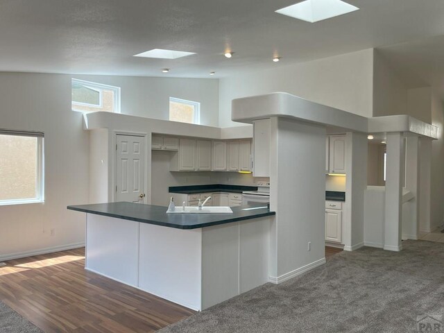 165 Kingsley Ave Unit M, Pueblo, CO 81005 - kitchen featuring a skylight, a sink, high vaulted ceiling, dark countertops, and baseboards