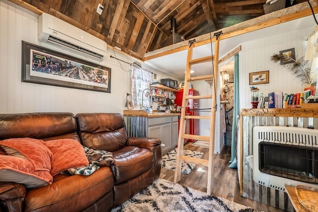 9016 Pine Ave, Beulah, CO 81023 - living room with wooden ceiling, heating unit, wood finished floors, a wall unit AC, and lofted ceiling