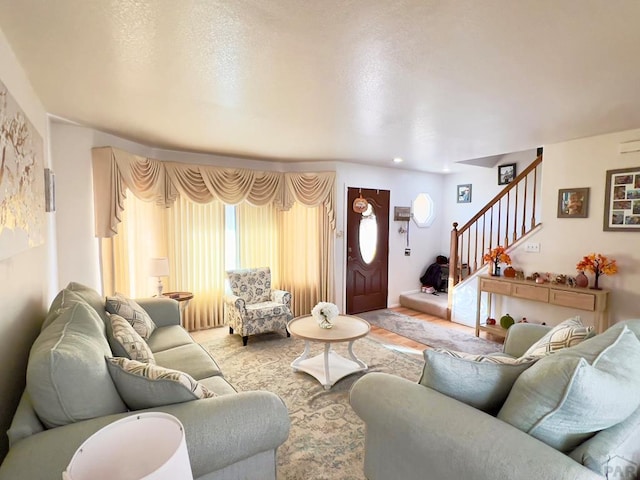 living room with stairs