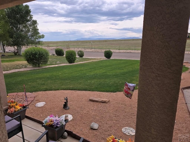 view of yard featuring a rural view and a mountain view