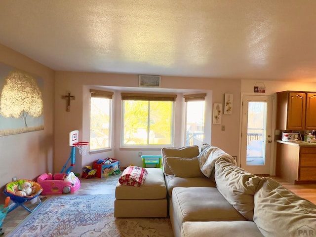 living room featuring a textured ceiling