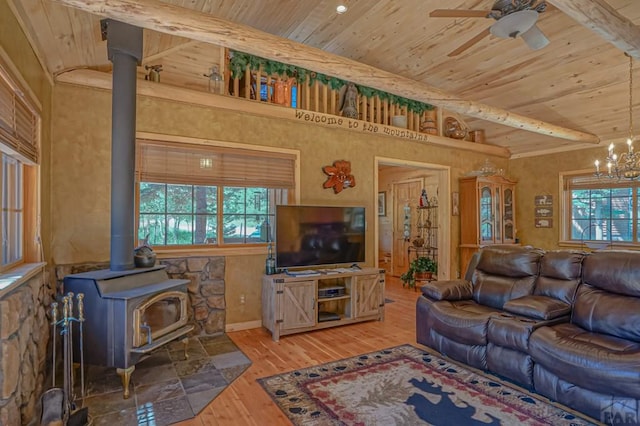 living room featuring wood ceiling, plenty of natural light, wood finished floors, and a wood stove