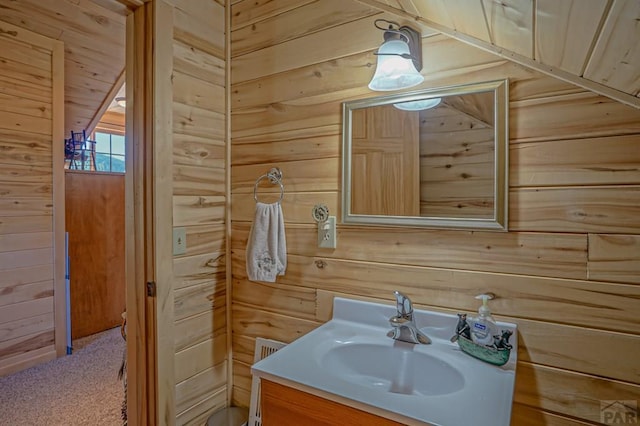 bathroom with wooden walls and vanity