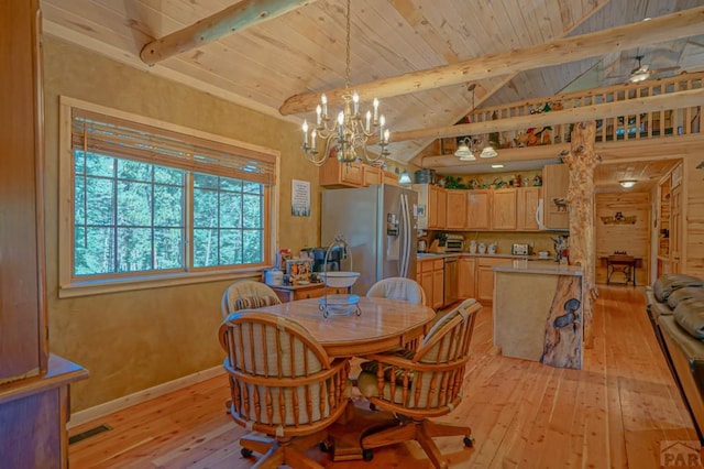 dining area featuring light wood finished floors, baseboards, wood ceiling, vaulted ceiling with beams, and ceiling fan with notable chandelier