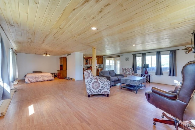 living area featuring wood ceiling, light wood-style flooring, and recessed lighting