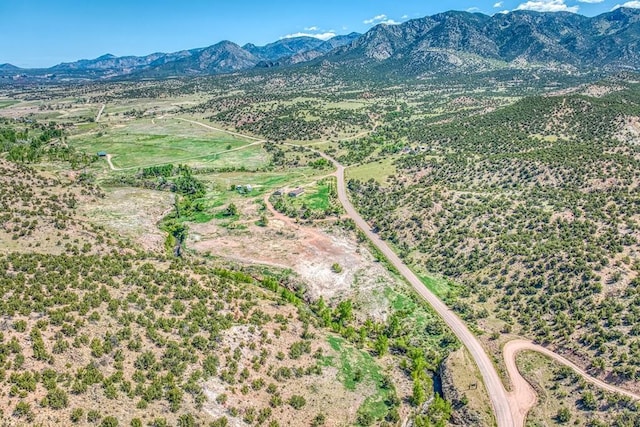 drone / aerial view featuring a mountain view