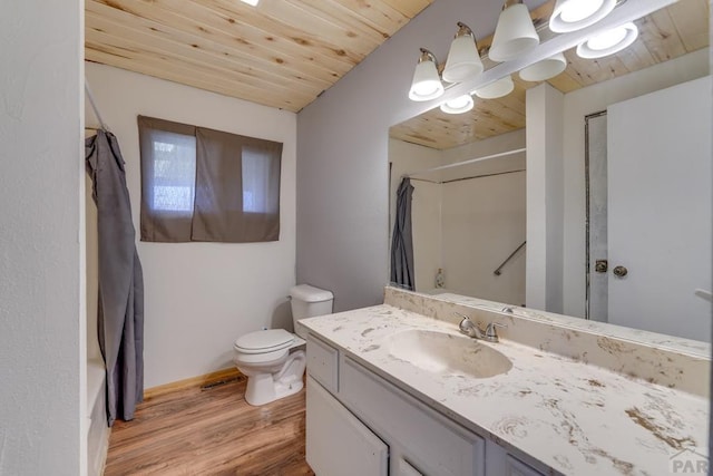 bathroom featuring wooden ceiling, toilet, shower / tub combo, wood finished floors, and vanity