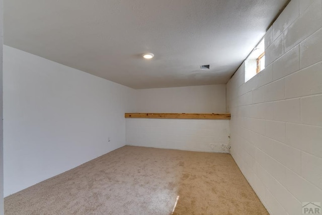 interior space with concrete block wall and light colored carpet