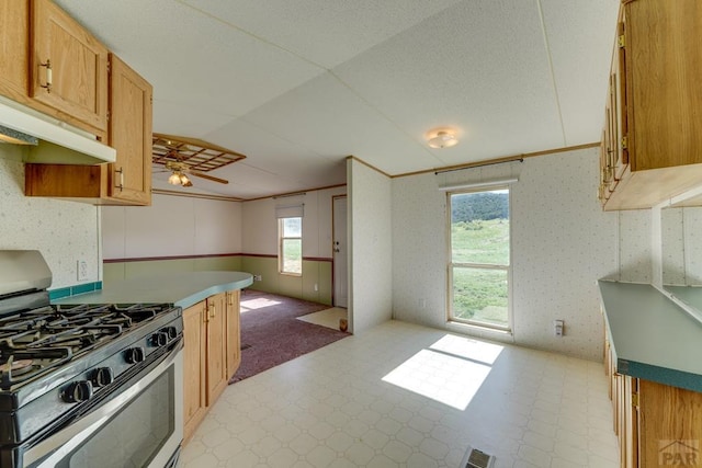 kitchen with light countertops, under cabinet range hood, light floors, and gas range