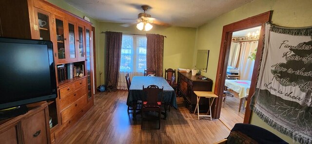 dining space with ceiling fan and wood finished floors