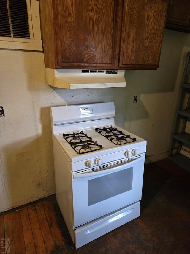 00913 6th St, Walsenburg, CO 81089 - kitchen featuring white gas stove, under cabinet range hood, and dark wood-style flooring