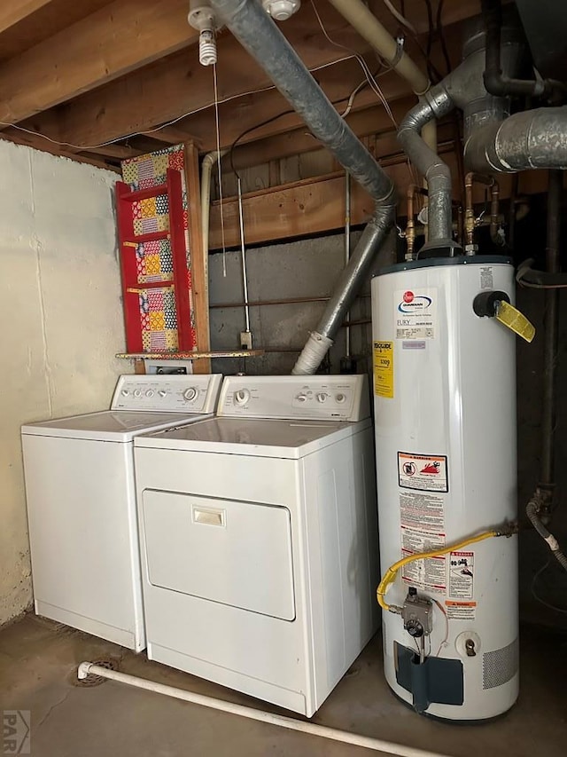 laundry room featuring laundry area, washing machine and dryer, and gas water heater