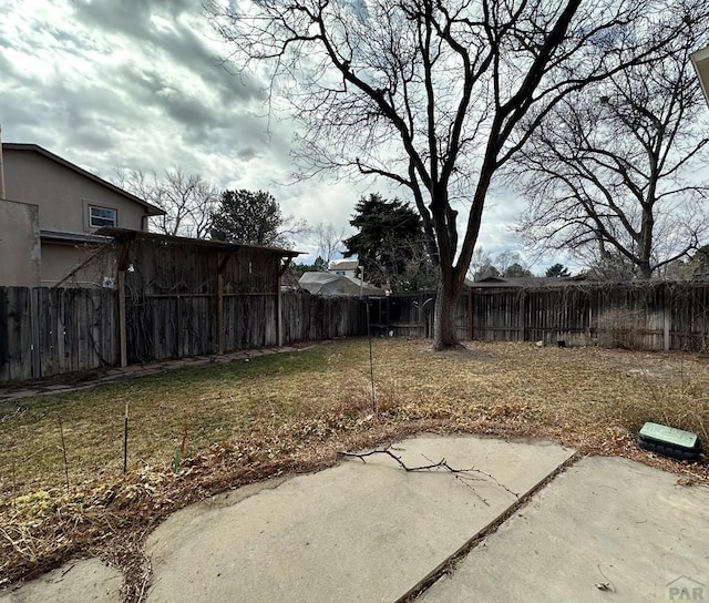 view of yard featuring a fenced backyard and a patio