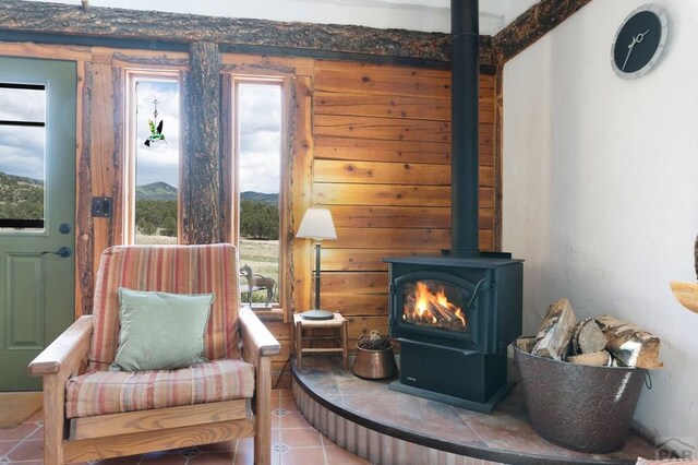 2793 Black Fawn Ln, Westcliffe, CO 81252 - sitting room with a wood stove, plenty of natural light, a mountain view, and tile patterned flooring