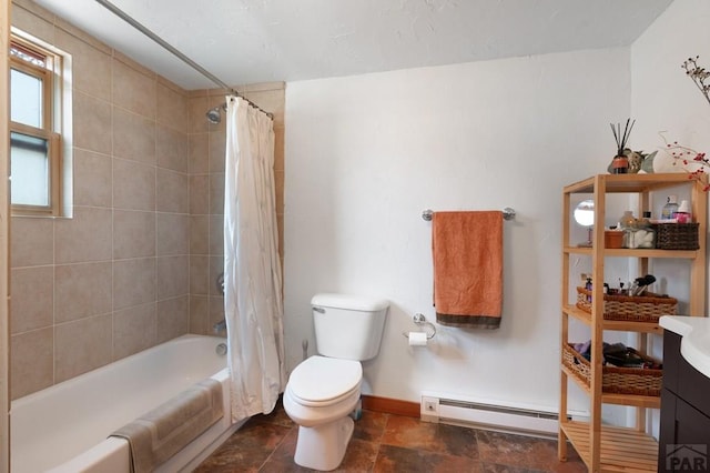 2793 Black Fawn Ln, Westcliffe, CO 81252 - bathroom featuring a baseboard heating unit, shower / tub combo with curtain, vanity, and stone finish floors