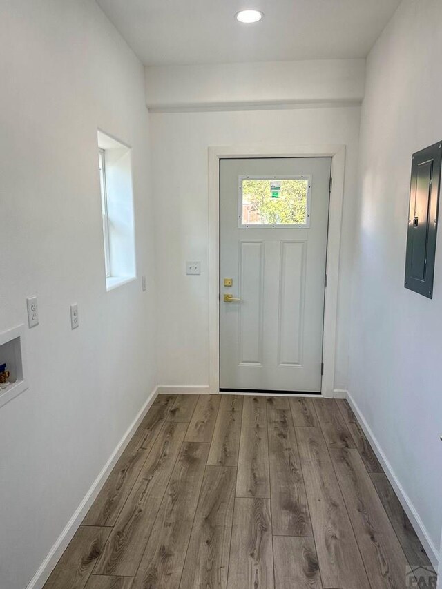 doorway to outside with a healthy amount of sunlight, wood finished floors, electric panel, and baseboards