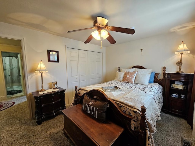 carpeted bedroom with a closet and a ceiling fan