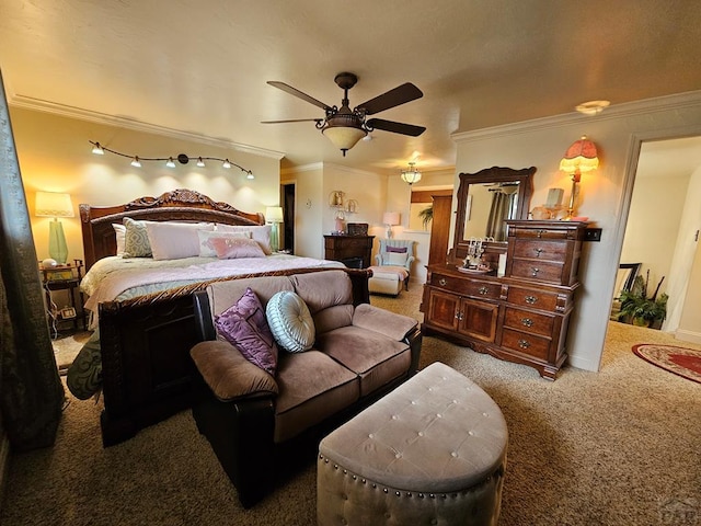 carpeted bedroom with crown molding and ceiling fan