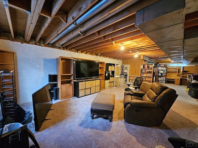 carpeted living room with a textured wall