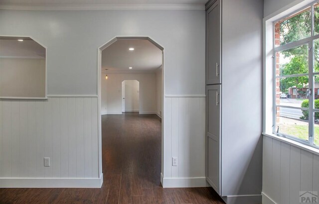 hall with crown molding, arched walkways, dark wood-style flooring, and wainscoting