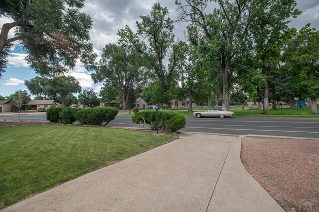 view of property's community with a lawn