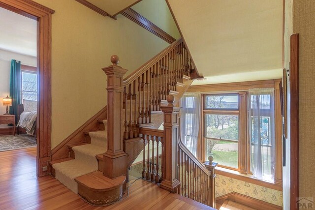 stairs with wood finished floors