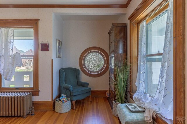 living area with radiator, wallpapered walls, baseboards, and wood finished floors