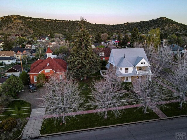 aerial view at dusk with a residential view