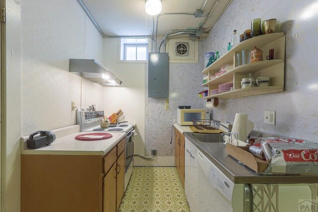 kitchen featuring white appliances, wallpapered walls, electric panel, under cabinet range hood, and open shelves