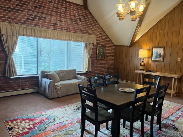 dining space featuring light carpet, brick wall, high vaulted ceiling, and a notable chandelier