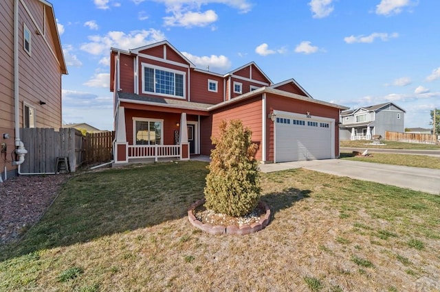 view of front of house featuring covered porch, a garage, fence, driveway, and a front yard