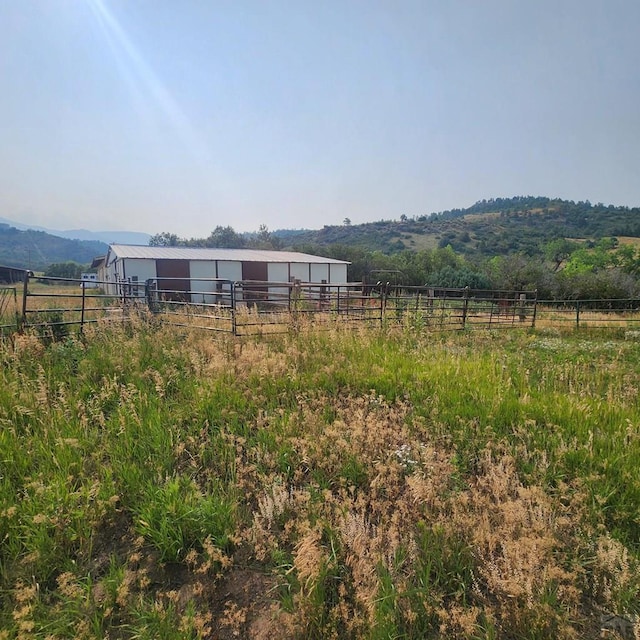 view of yard featuring an exterior structure, a rural view, an outdoor structure, and a mountain view