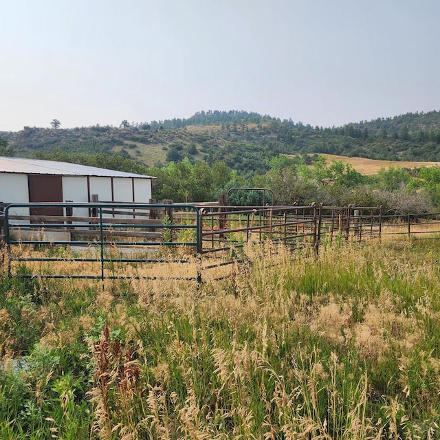 view of yard with a rural view, an outdoor structure, and an exterior structure