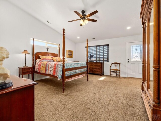 bedroom with recessed lighting, visible vents, carpet flooring, vaulted ceiling, and ceiling fan