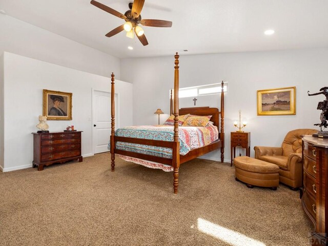 bedroom with baseboards, a ceiling fan, vaulted ceiling, carpet flooring, and recessed lighting